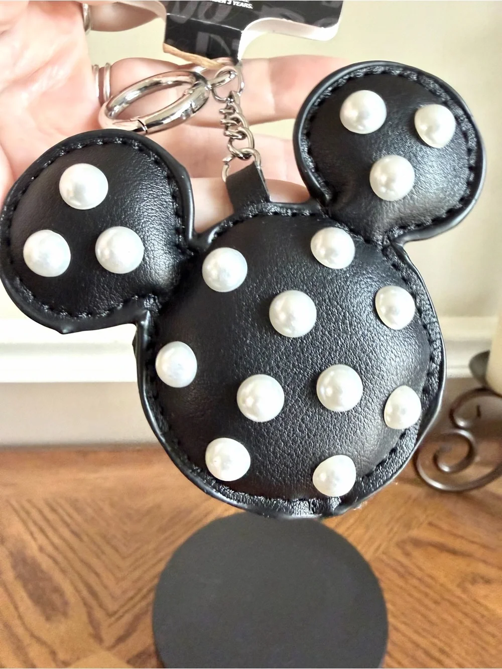 Disney Mickey Mouse  Black Faux-Leather Keychain bag charm with pearl accents
